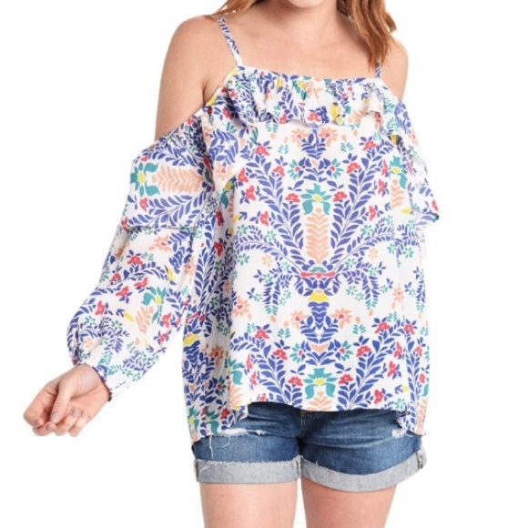 Roller Rabbit | Floral Off Shoulder Ruffle Long Sleeve Boho Top XS - Picture 1 of 13